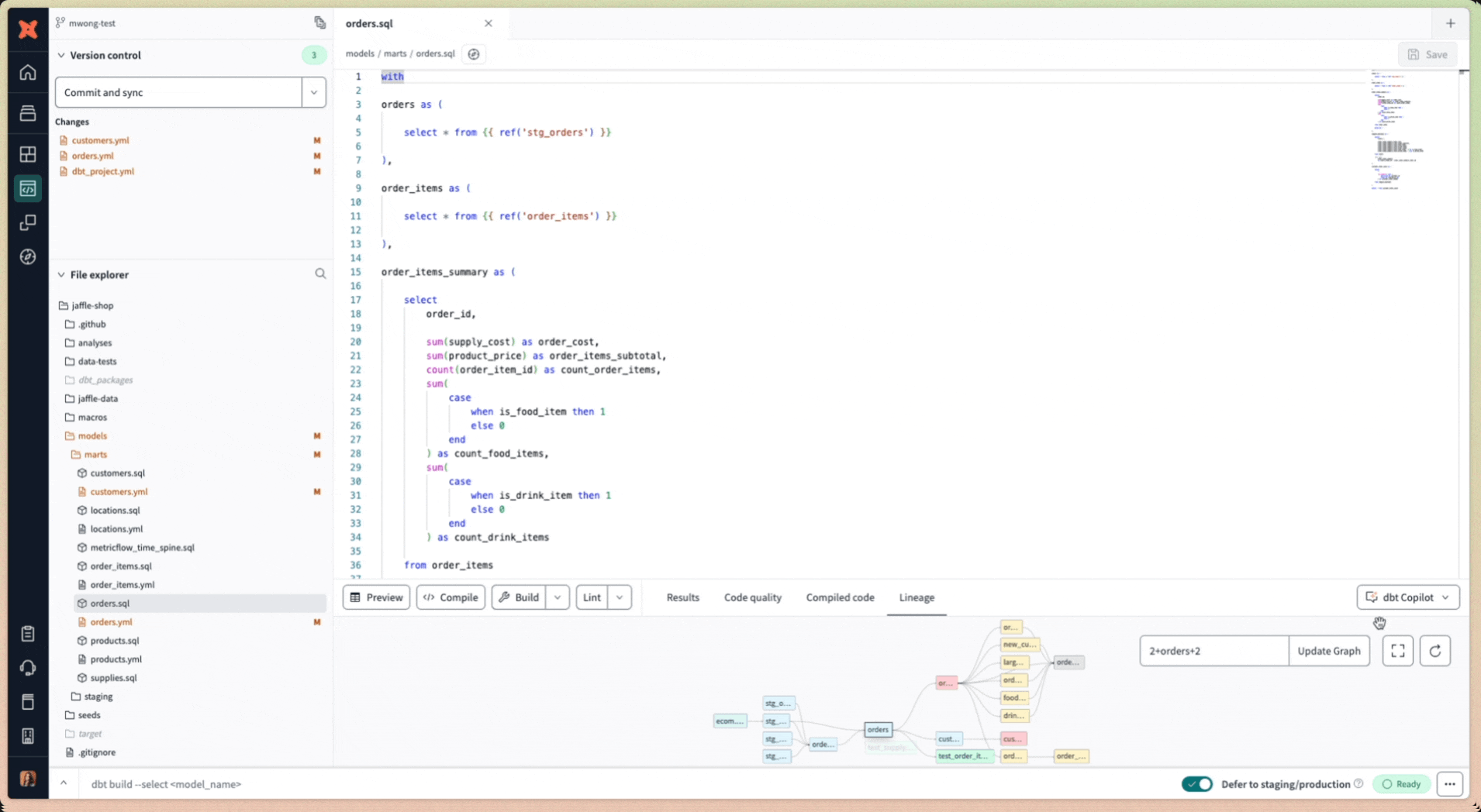 Example of using dbt Copilot to generate documentation in the IDE Example of using dbt Copilot to generate documentation in the IDE