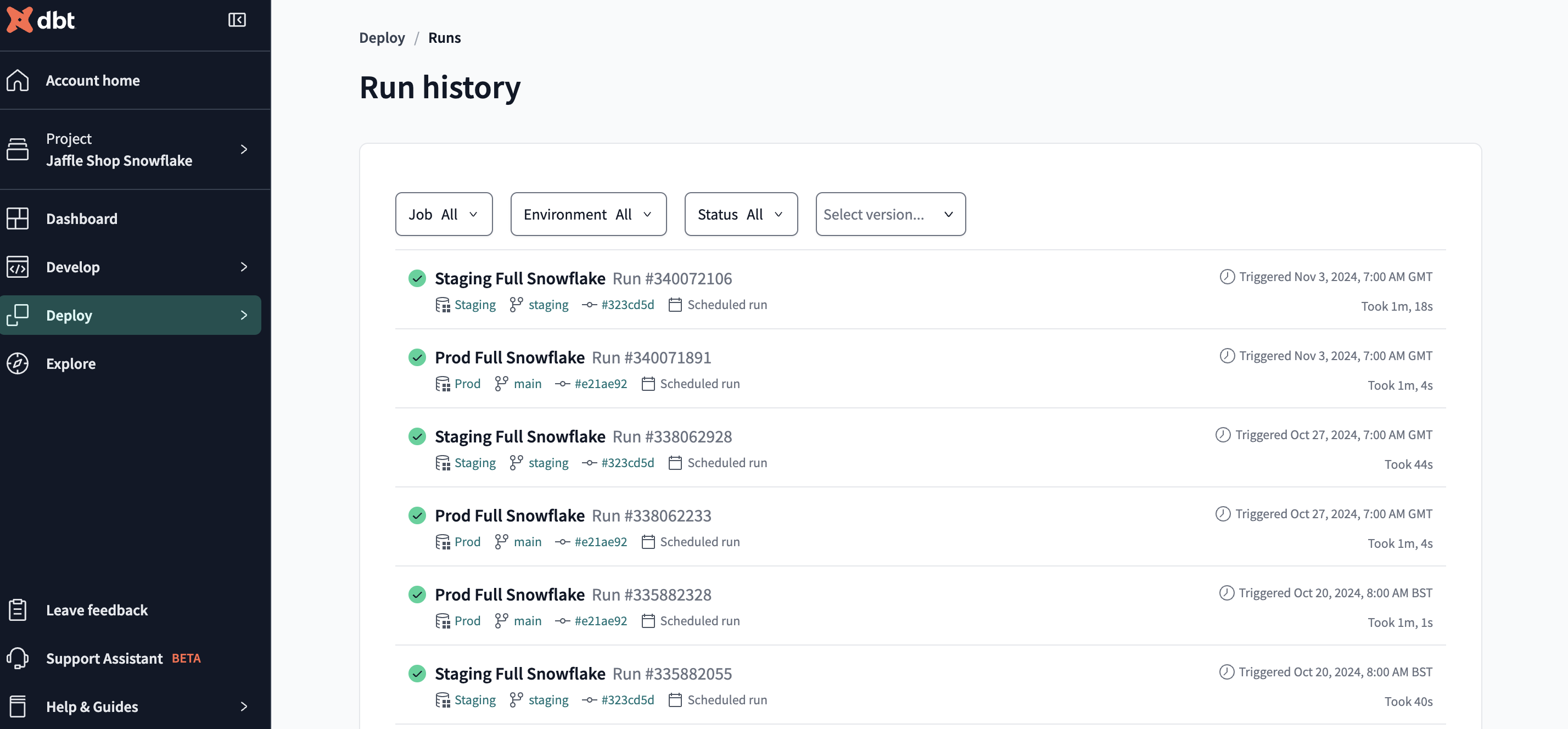 Run History dashboard allows you to monitor the health of your dbt project and displays jobs, job status, environment, timing, and more. Run History dashboard allows you to monitor the health of your dbt project and displays jobs, job status, environment, timing, and more.